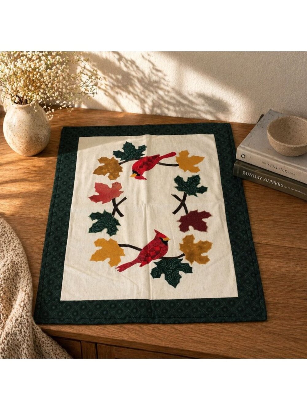 Handcrafted Fall Cardinal and Leaves Appliqued Table Runner Home Decor
